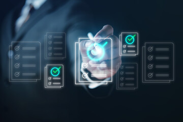 Standard quality control, ISO certification document. Businessman points to a mark symbol indicating standard quality control and technology product quality checklist.
