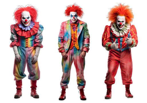 Collection of PNG. Maniac killer clown with colorful hair and joker outfit isolated on transparent background.