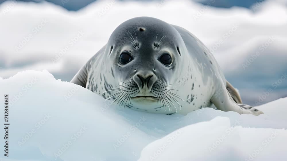 Poster closeup of a solitary ross seal resting on a chunk of melting ice its head turned towards the camera