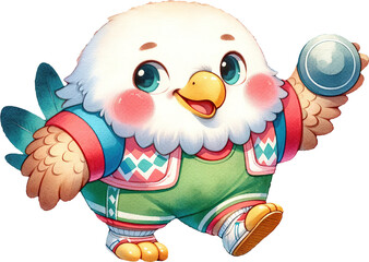 Fototapeta premium cute watercolor cartoon of a chubby falcon playing sports, javelin.
