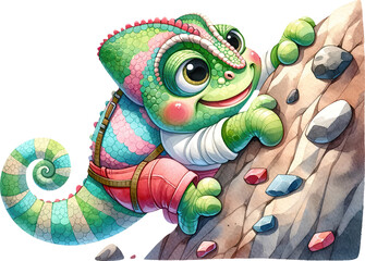 A fun and cute watercolor cartoon drawing of a chubby lizard playing a mountain climbing sport. Ginkgo, salamander, reptile, watercolor, cute, fun, chubby, mountain, climbing, sport, drawing, child