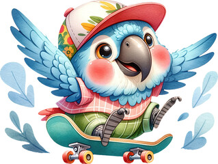 A fun and cute watercolor cartoon drawing of a chubby blue bird playing skateboarding. adorable, happy, bird art, bird illustration, skateboard, entertainment, hobby, outdoor, activity, birdie, chubby