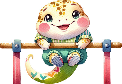 illustration character, funny, mascot, clipart, sport. Fun and cute watercolor cartoon of Gecko doing gymnastics on the parallel bars.. children, kids, nursery. Sublimation, Card Elements, Decorations