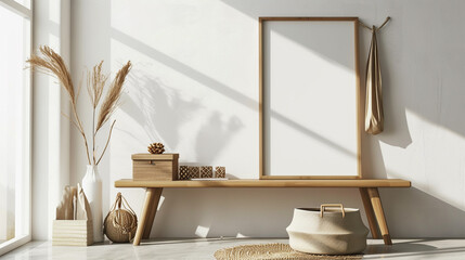 Stylish korean interior of living room with brown mock up poster frame. Ai Generative
