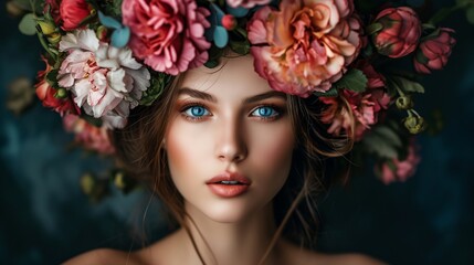 a woman with a flower crown on her head