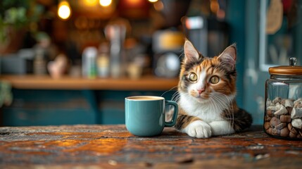 A new morning with a favorite cup of coffee and a cute cat near the window. - obrazy, fototapety, plakaty