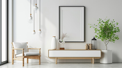 Obraz na płótnie Canvas Stylish korean interior of living room with brown mock up poster . Ai Generative