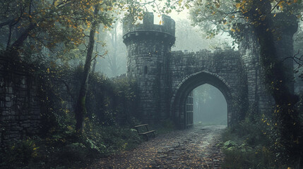 Obraz premium Step into history: Entrance to the kingdom captured in a medieval gate or checkpoint. Hand-edited generative AI enhances the enchanting ambiance.