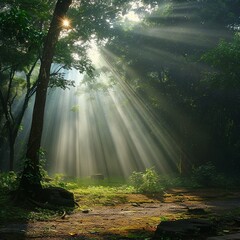 morning sun light rays piercing through the tree generated by ai