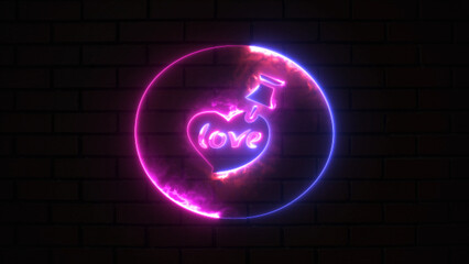 Animated bright neon heart shape with circle sign. Abstract background with bright pink and blue neon heart shape.