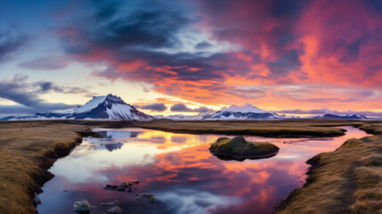 Iceland Landscape spring panorama at sunset 