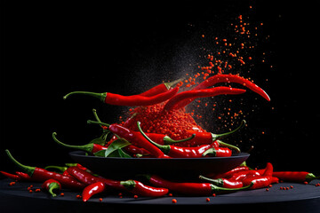 Levitation of red chili pepper whole and slices Generative AI