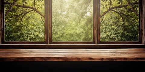 Empty table with windows behind it.