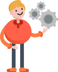 Boy Character Holding Gears
