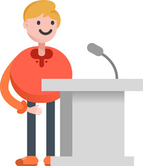 Boy Character Speaking on Podium
