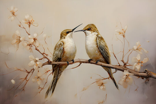 yellow-billed hornbill, Tropical background wallpaper watercolor painting of two hummingbirds on an old wooden branch
