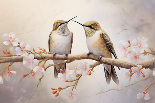 bird on a branch, Tropical background wallpaper watercolor painting of two hummingbirds on an old wooden branch with flowers