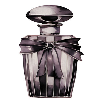 Black glass perfume bottle with bow. stly vintage,watercolor illustration
