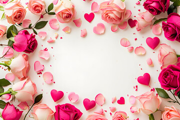 Valentines day background with heart and rose petals. 3d rendering, copy space, celebrating love