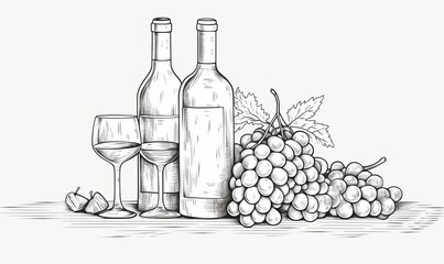  illustration of a bottle of wine and a glass