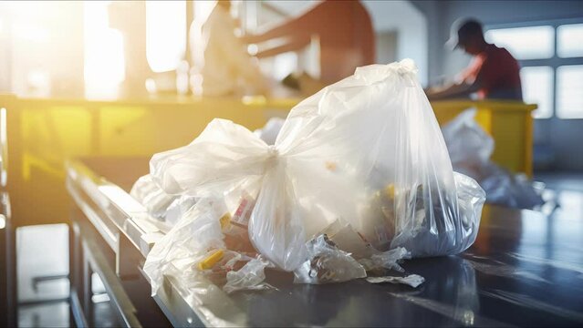 Detailed view of a plastic bag being sorted at a waste management facility.