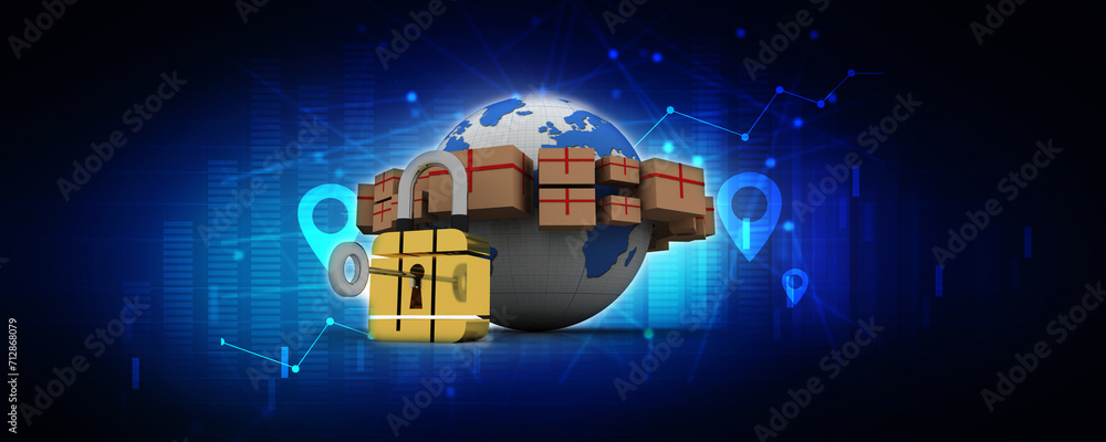 Poster 3d rendering cardboard boxes protected lock