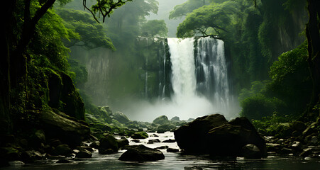 a beautiful waterfall in the middle of a lush forest