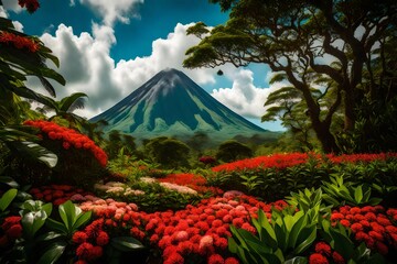 mountain and cherry blossoms