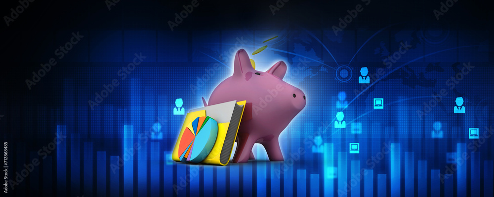 Poster 3d rendering pig coin bank with business graph