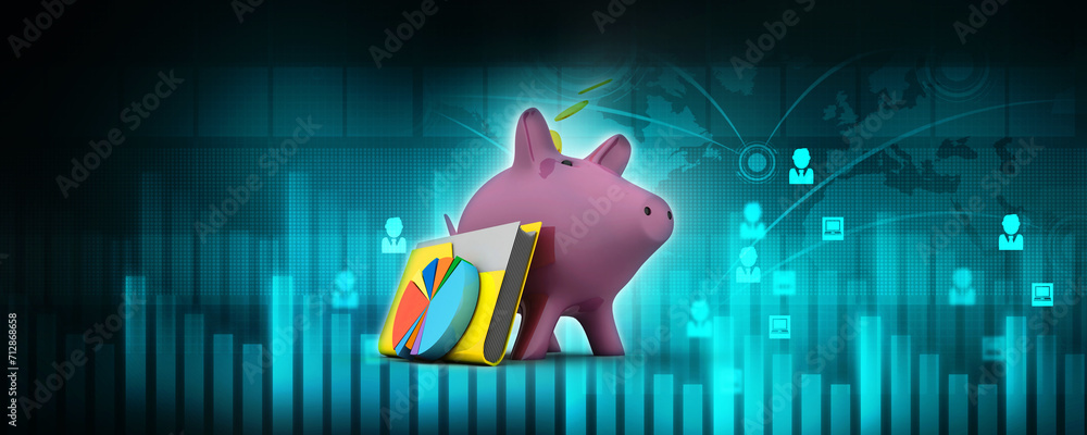 Poster 3d rendering pig coin bank with business graph