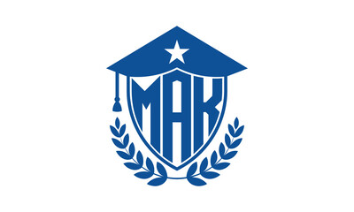 MAK three letter iconic academic logo design vector template. monogram, abstract, school, college, university, graduation cap symbol logo, shield, model, institute, educational, coaching canter, tech