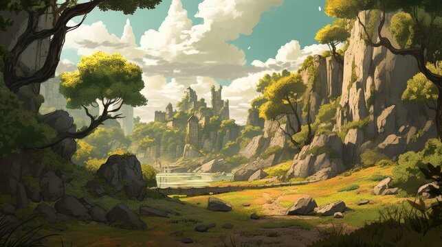 beautiful landscape nature, view of a hill with trees and mountain views and a cottage illustration