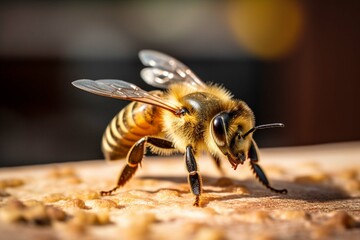 Honey bee sits on a frame in front of a blurred background with shallow depth of field
