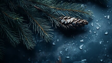 Fototapeta na wymiar a close up of a pine leaf dark blue background, nature winter photography