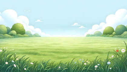 Illustrated Dreamscape  Verdant Meadow and Blue Sky.
Generative AI.