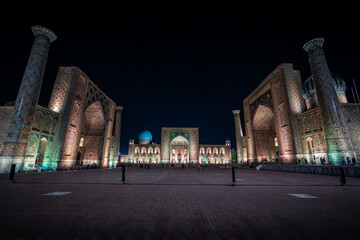 Evening view of Tilya Kori Madrasah, Registan, Samarkand, Uzbekistan