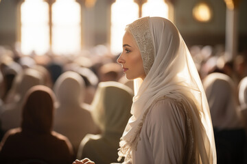Muslim woman in the mosque during the holy month of Ramadan Kareem - obrazy, fototapety, plakaty