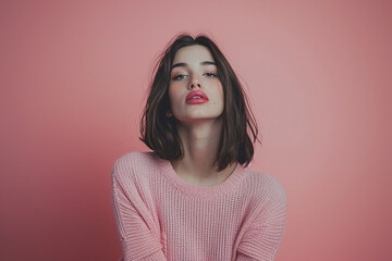 Fototapeta premium portrait of a fashion young woman in a studio muted color background and minimalistic 