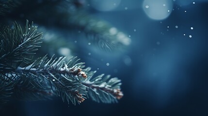 Fototapeta na wymiar a close up of a pine leaf dark blue background, nature winter photography