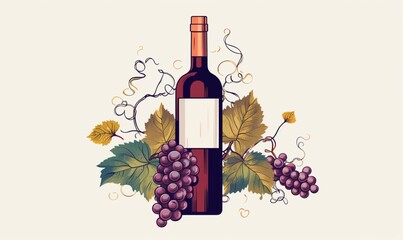  illustration of a bottle of wine and a grapes