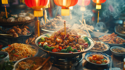 A festive table set with traditional Chinese dishes, including steaming spicy chicken, dumplings, and noodles, illuminated by red lanterns.