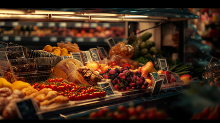 A luxurious display of artisan breads alongside ripe strawberries and a colorful variety of fresh fruits and vegetables, presented under the warm glow of market lighting.