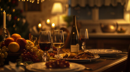 An intimate Christmas dinner setting featuring a roasted chicken, glasses of red and white wine, fruits, and ambient candlelight, creating a luxurious holiday feast atmosphere.