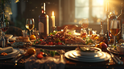 A lavishly set table with a succulent roasted turkey taking center stage, complemented by fine wine, glowing candles, and an array of sumptuous sides, capturing the spirit of a festive celebration.