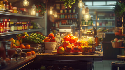 A colorful arrangement of fresh produce, including ripe tomatoes and zucchinis, presented on a wooden counter in a local grocery store, illuminated by the warm ambiance of vintage light fixtures.