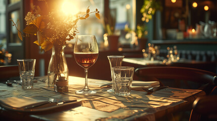 The golden hour casts a warm glow over an inviting table setting with a glass of rosé wine, ready for an evening of fine dining.