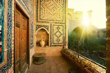 Ulug bek madrassah, registan square, samarkand. Inside the courtyard of the madrasah, the higher theological school. - obrazy, fototapety, plakaty