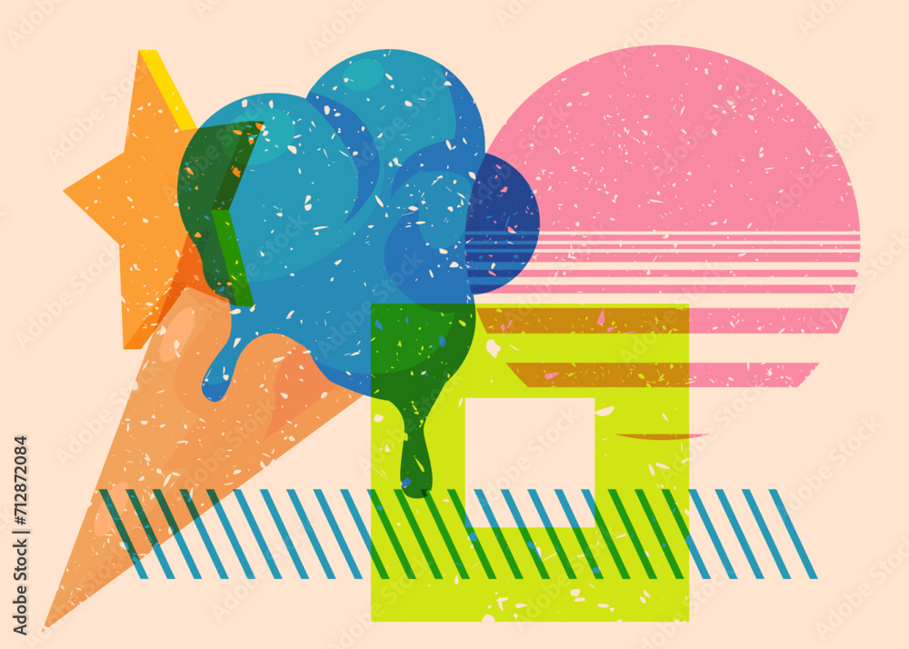 Poster risograph ice cream with geometric shapes. objects in trendy riso graph print texture style design w