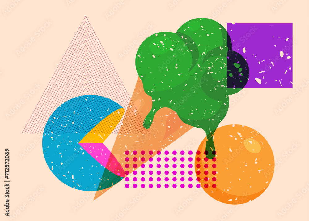 Poster risograph ice cream with geometric shapes. objects in trendy riso graph print texture style design w
