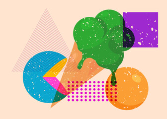 Risograph Ice Cream with geometric shapes. Objects in trendy riso graph print texture style design with geometry elements.